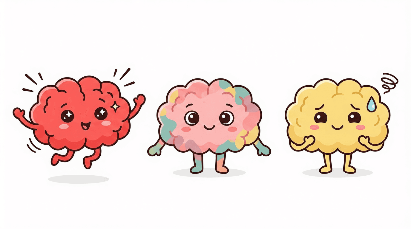 Ilustración de tres cerebros con distintas emociones: alegría, calma y preocupación